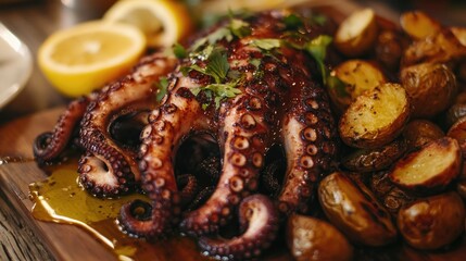 Grilled Octopus Served with Potatoes and Lemon Garnish