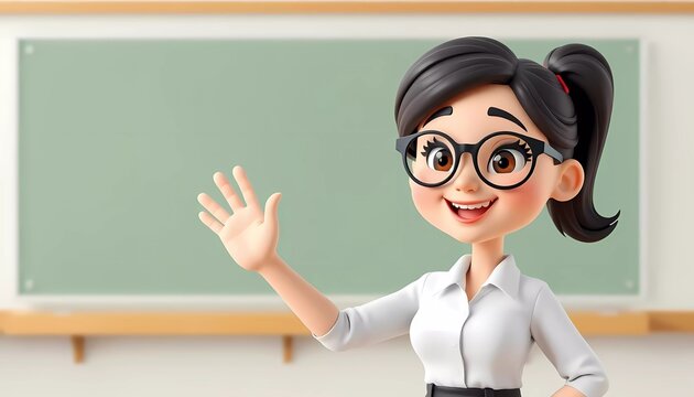 A woman teacher gesturing with one hand up