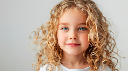 Portrait of a beautiful little girl with long curly hair on a white background