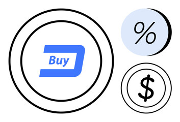 Central Buy button alongside dollar and percentage symbols. Ideal for finance, investment, shopping, digital currency, e-commerce, sales, marketing themes. Line metaphor