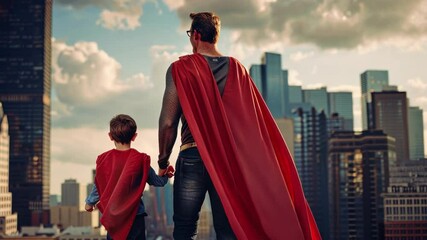 Smiling father and son dressed as superheroes enjoying time together in the city