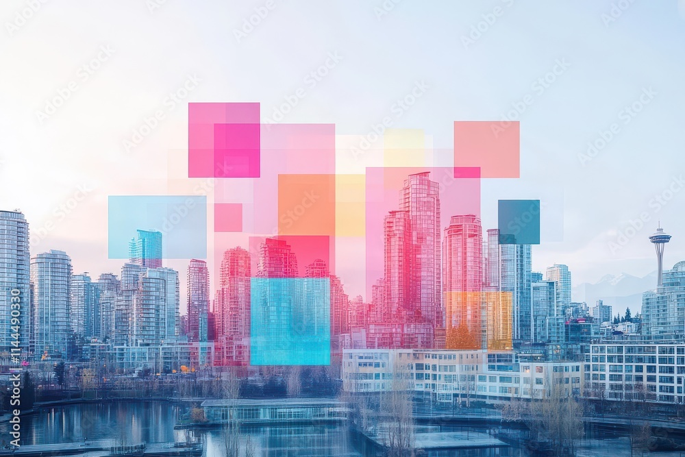 Aufkleber dynamic data visualization overlaid on a cityscape, smart city innovation, vibrant digital elements,