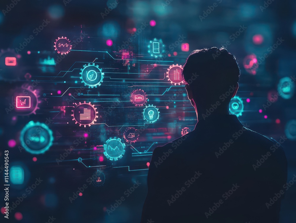 Poster Digital human silhouette surrounded by glowing data streams and gears, representing strategy development in a techdriven world