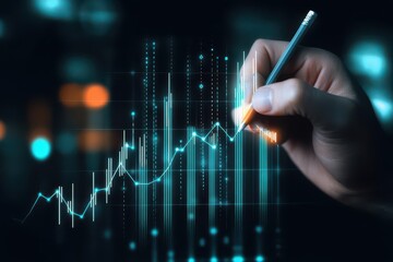 Digital hand drawing a virtual growth graph, minimalist black background, glowing white and cyan lines, AIinspired