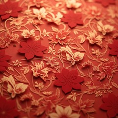 Gold floral pattern on a red decorative surface.