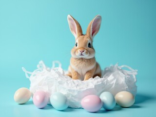 Adorable easter bunny sitting in nest with colorful eggs on turquoise background