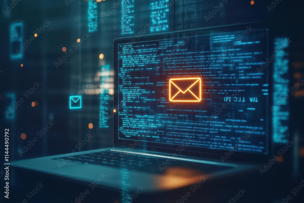 Poster cybersecurity alert popping up on a laptop screen in a dark room, glowing email icon with warning te