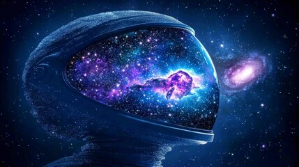 Obraz premium Astronaut Helmet Reflecting Nebula Galaxy Space Exploration