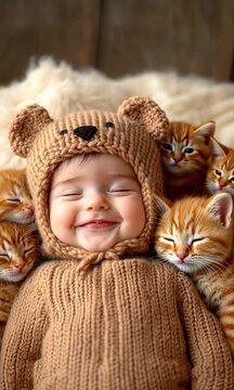 A joyful baby in a cozy knitted bear hat surrounded by fluffy orange kittens, baby smiling widely with bright eyes, kittens snuggling and playfully sleeping around the baby, warm soft textures