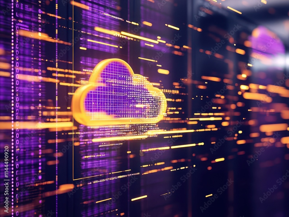 Poster Depiction of cloud software updating with glowing data streams between floating servers, abstract art, purple and gold hues