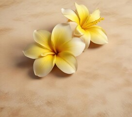 Yellow frangipani flower with delicate petals against a warm beige background, highlighting its soft and elegant appearance, nature, beige