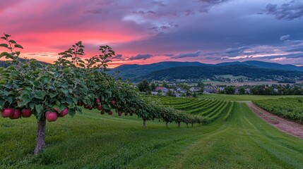 Naklejka premium Serene apple orchard at sunset with vibrant colors.