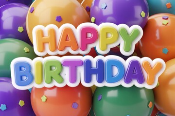 3D Happy birthday colored text and balloons illustration