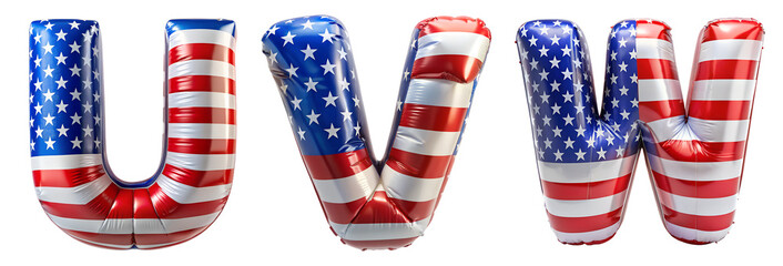 Image of the English alphabet made of inflatable helium balloons. Set of American balloons in the shape of letters U-W isolated on a transparent background.
