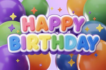 3D Happy birthday colored text and balloons illustration