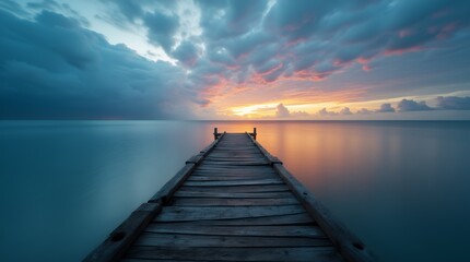Obraz premium Endless Serenity: A Wooden Pier Embracing the Sunrise. A Wooden Pier Stretching Over a Serene Sea at Dusk.