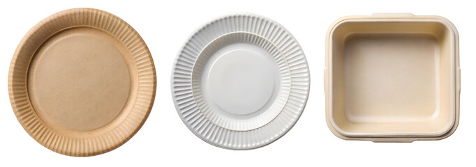 Collection of food plates made of natural plant fibers isolated on transparent background, paper plate. The concept of using clean for the planet Earth clean plates.