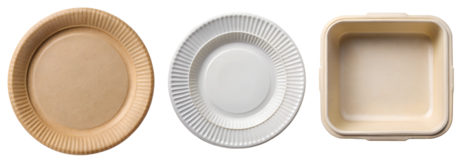 Collection of food plates made of natural plant fibers isolated on transparent background, paper plate. The concept of using clean for the planet Earth clean plates.