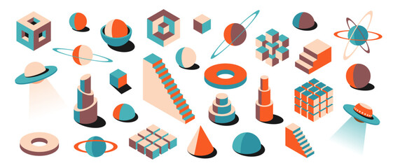 Abstract retro psychedelic 3D shapes collection with vibrant colors. Planets, UFOs, cubes and spheres in vintage brutalist style. Perfect for posters, wall art or creative design templates © Azat Valeev