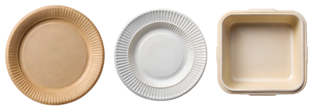Collection of food plates made of natural plant fibers isolated on transparent background, paper plate. The concept of using clean for the planet Earth clean plates.