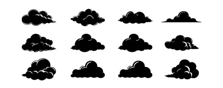 Set of clouds silhouette isolated on white background. Graphic weather sky cloud collection. Vector illustration