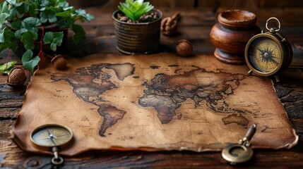 A vintage world map on aged parchment surrounded by plants and navigational tools.