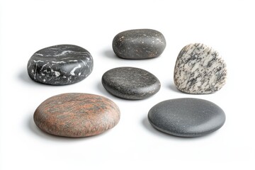 Fototapeta premium A collection of six distinct smooth stones displayed artistically. Each stone has unique textures and colors. Perfect for natural art lovers. Generative AI
