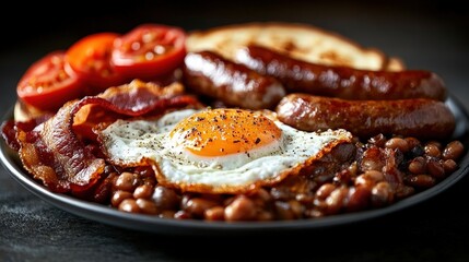 A delicious display of a hearty breakfast featuring fried eggs, sausages, and fresh vegetables, showcasing the appeal of a nutritious and appetizing meal to start the day.