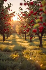 Naklejka premium A dreamy cherry orchard at golden hour, bathed in soft, warm light. The cherry trees are adorned with ripe red cherries, and the setting features delicate shadows stretching across the grass 