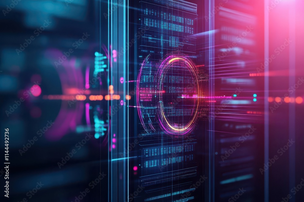 Aufkleber blockchainpowered cold storage visualized with glowing temperature data, industrial design, futurist