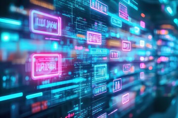 Fototapeta premium Blockchainpowered retail shelf with glowing product labels, detailed futuristic grocery store environment, pastel neon highlights, sharp focus