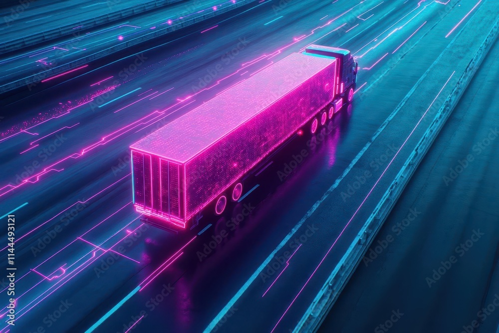 Aufkleber Autonomous trucks on a blockchaindriven highway, aerial perspective, glowing lines representing data flow, cyberpunk aesthetic, detailed 3D