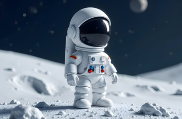 Astronaut exploring the lunar landscape under a distant planet and stars