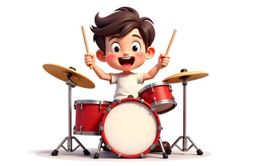 Young boy joyfully playing a red drum set with enthusiasm and energy