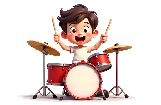 Young boy joyfully playing a red drum set with enthusiasm and energy