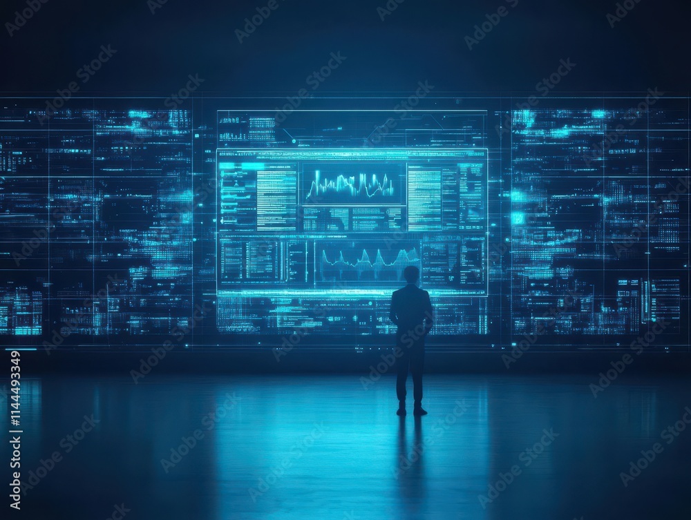 Poster An illuminated data lab, a futuristic dashboard interface projected in 3D, lone figure analyzing, cinematic spotlight, dramatic mood