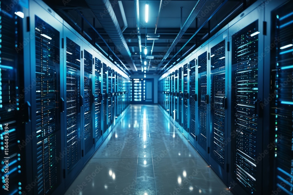 Poster server room data center hosting servers with big data network connection showing digital cyberspace