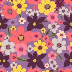 Fototapeta premium Floral Fantasy: A vibrant, retro-inspired seamless pattern bursts with colorful flowers in shades of pink, yellow, purple, and burgundy, creating a cheerful and whimsical design. 