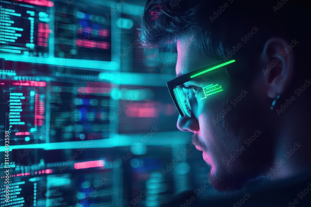Poster Anonymous hacker in a dark room, face illuminated by multiple screens showing breached data, neon green and blue glow, cyberpunk style
