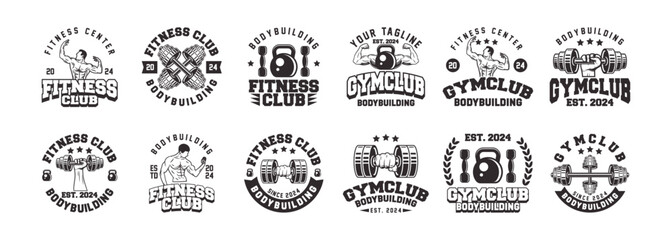 Retro styled fitness emblem collection. Vintage gym logo templates bundle. Monochrome fitness emblems logo vector