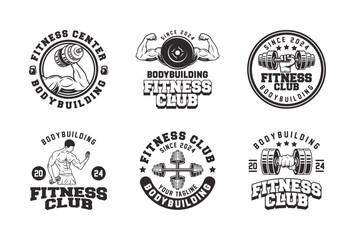 Obraz premium Retro styled fitness emblem collection. Vintage gym logo templates bundle. Monochrome fitness emblems logo vector