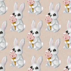 Cute cream-colored hare holding ice cream in a seamless watercolor pattern for fabric design