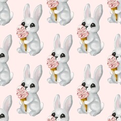 Fototapeta premium Whimsical cream-colored hare holding ice cream pattern for textile and packaging designs