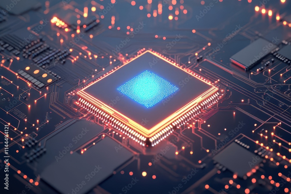 Poster AI chip glowing with processing energy, abstract digital particles emanating, powerful innovation and technology focus