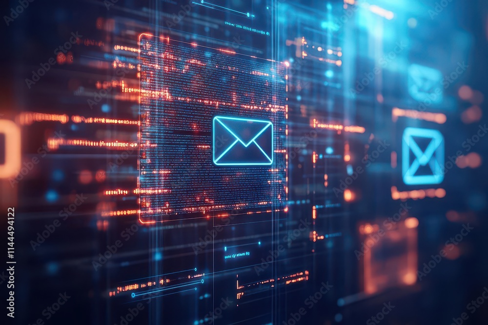Poster ai cybersecurity software displaying a flagged phishing email, hightech interface design, glowing ho