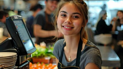 A cheerful young cashier with a friendly smile stands in a vibrant grocery store, her welcoming demeanor embodying the pleasant atmosphere of customer service. - Powered by Adobe