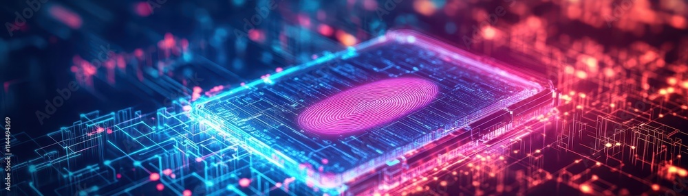 Aufkleber Abstract representation of secure digital payments, fingerprint on a holographic pad, glowing data streams, hightech and minimalistic