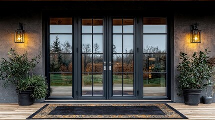Fototapeta premium Elegant entrance with double doors and potted plants.