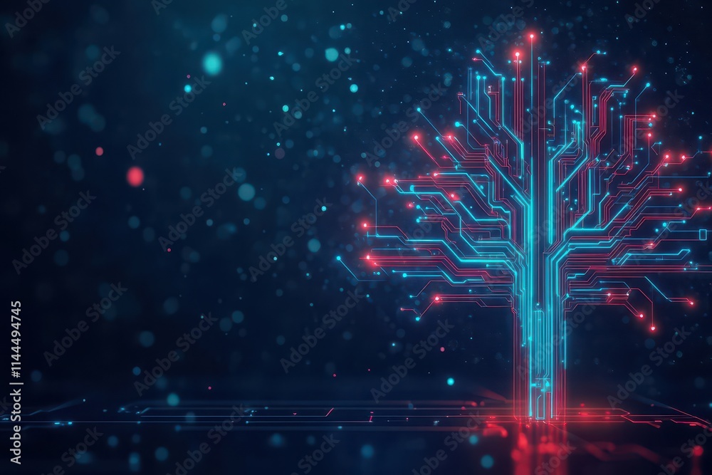 Poster abstract depiction of a system upgrade, circuits forming a tree with glowing branches, neon highligh