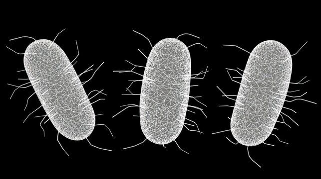 High-Quality Low Poly Wireframe Microbiology Illustration of Bacterial Structures on a Black Background